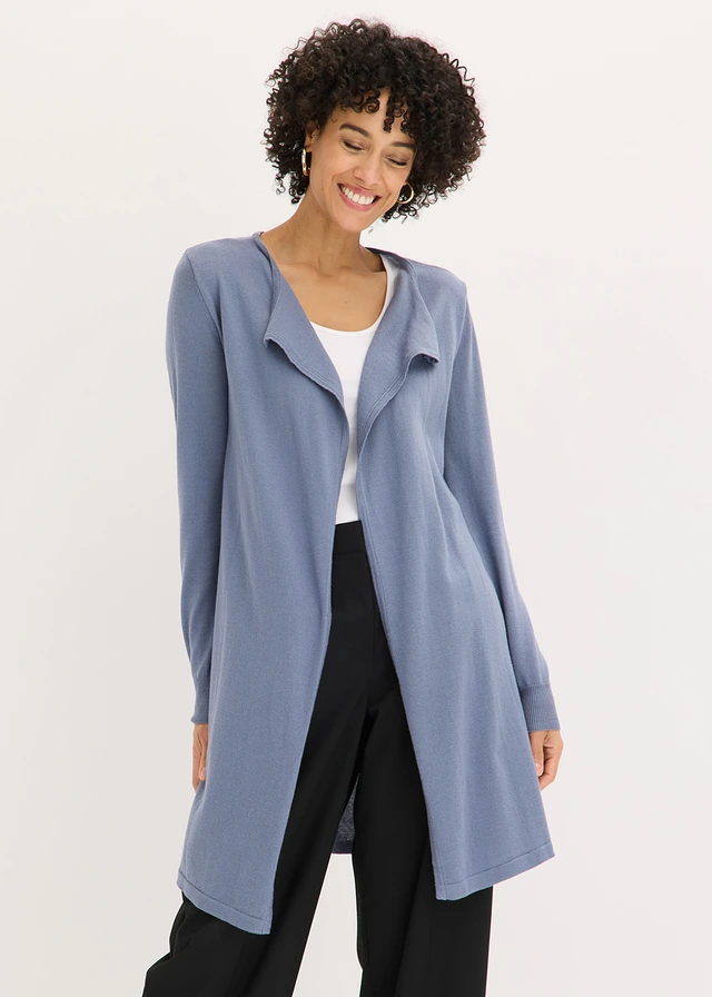 Long gilet en maille de coton mélangé, Couleur: bleu fumé