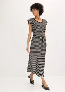 Robe en jersey rayé à taille réglable, Couleur: noir-écru rayé