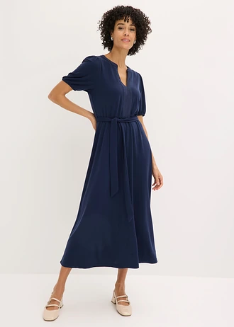Rochie midi din viscoză piqué cu garnitură din satin • bleumarin • magazin bonprix