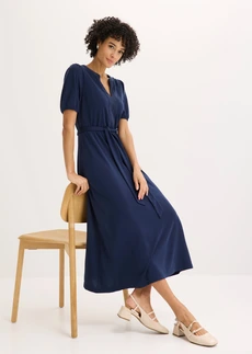 Midi jurk van viscose-piqué met strikceintuur (2-dlg. set) • donkerblauw • bonprix online shop