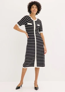 Gebreide viscose jurk met knopen, Kleur: zwart-wolwit gestreept