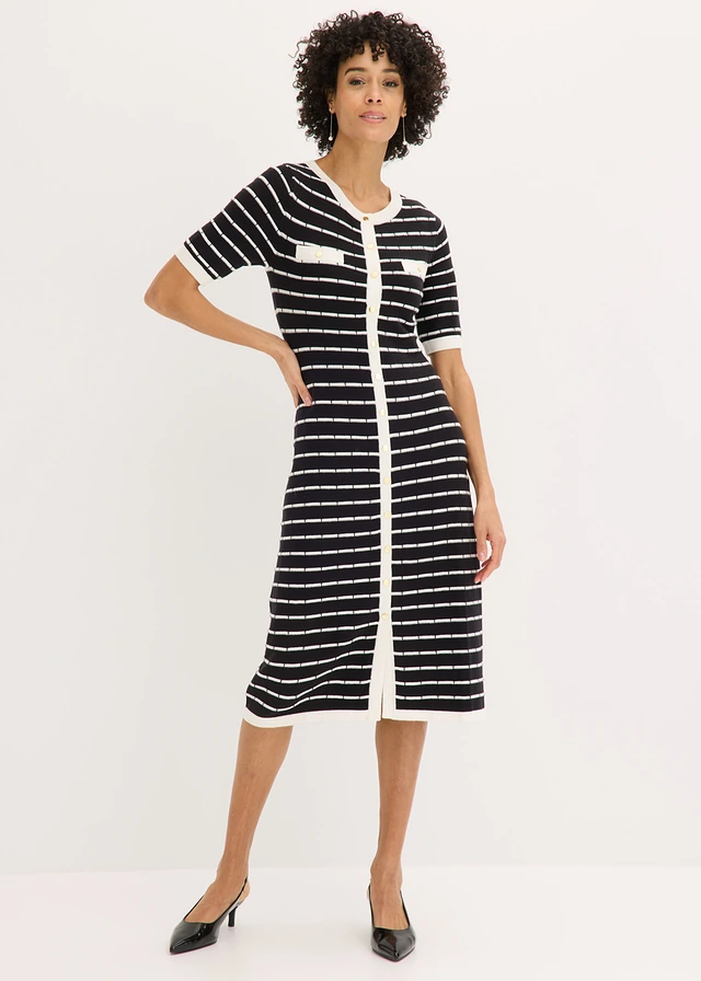Gebreide viscose jurk met knopen • zwart-wolwit gestreept • product-page.page-title-suffix