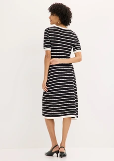 Gebreide viscose jurk met knopen, Kleur: zwart-wolwit gestreept
