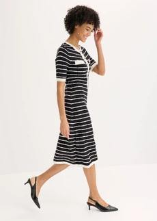 Rochie tricotată cu nasturi, din viscoză • negru-ecru cu dungi • magazin bonprix