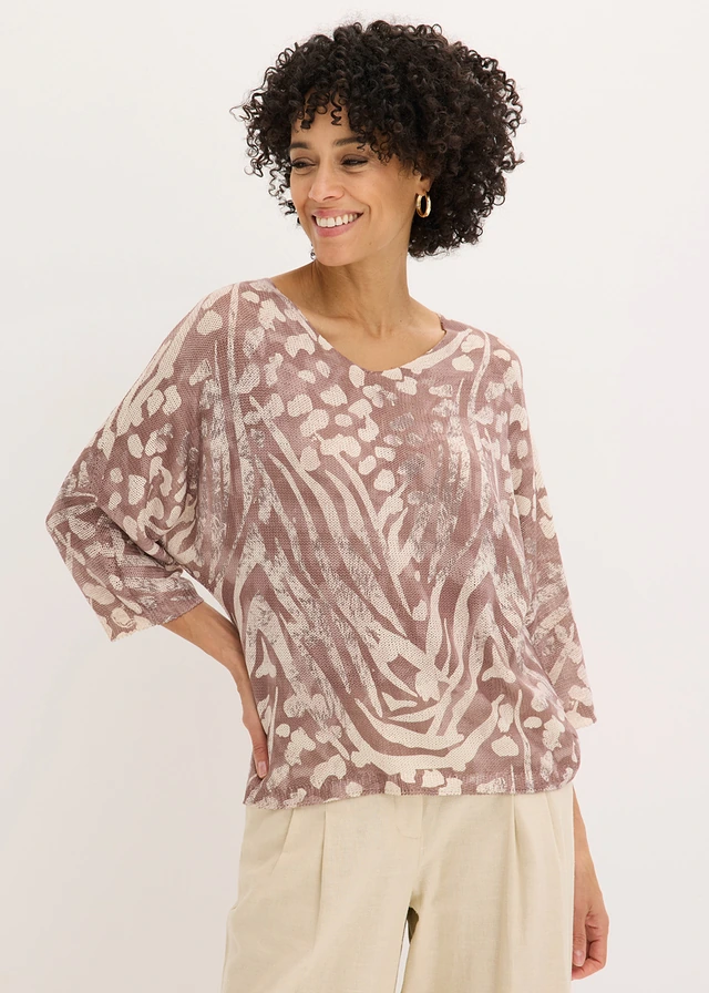 Trui met vleermuismouwen, Kleur: kiezelbeige zebraprint
