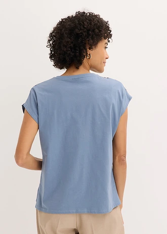 Shirt met geweven inzetstuk en glinsterende steentjes, Kleur: rookblauw luipaardprint