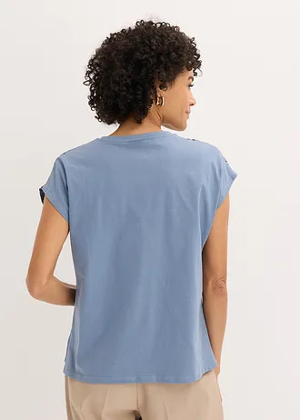 Shirt met geweven inzetstuk en glinsterende steentjes • rookblauw luipaardprint • bonprix online shop