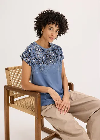 T-shirt à empiècement tissé et strass • bleu fumé léopard • Boutique bonprix
