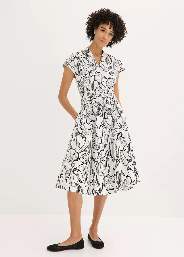 Robe drapée, Couleur: écru/noir floral