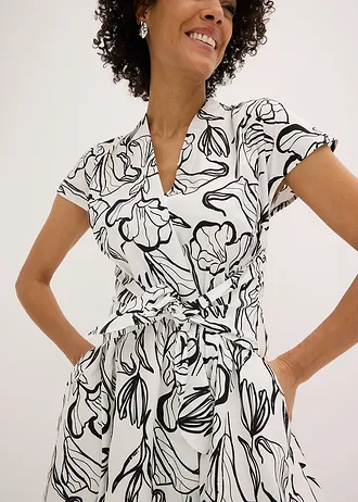 Jurk met drapering • wolwit-zwart gebloemd • bonprix online shop