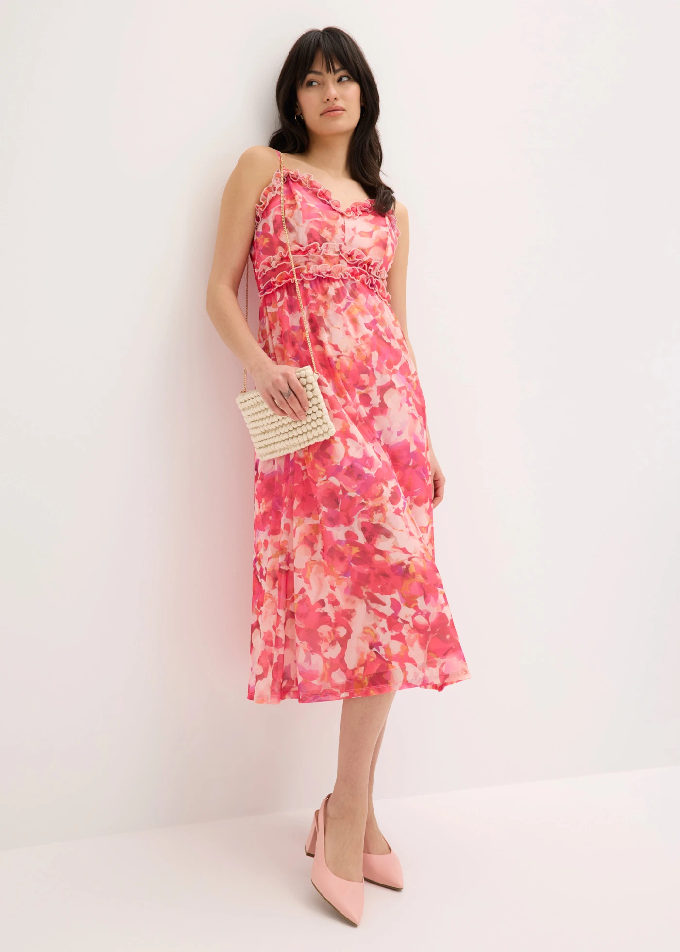 Robe à bretelles en mesh doux • rose vif floral • Boutique bonprix