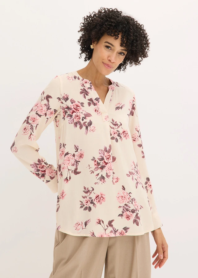 Tuniekblouse van soepele viscose, Kleur: kiezelgrijs/lichtroze/lichtroze