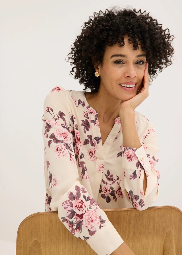 Tuniková blúzka z padavej viskózy • štrkovo béžová/svetloružová/svetloružová • obchod bonprix