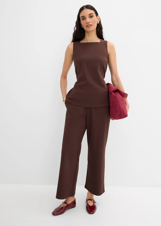 Pantalon large en tissu piqué, Couleur: marron foncé