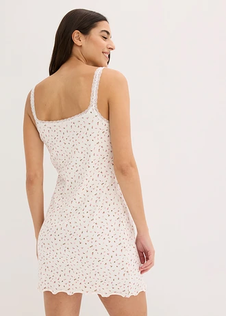 Nachthemd van geribd materiaal, Kleur: wolwit gebloemd