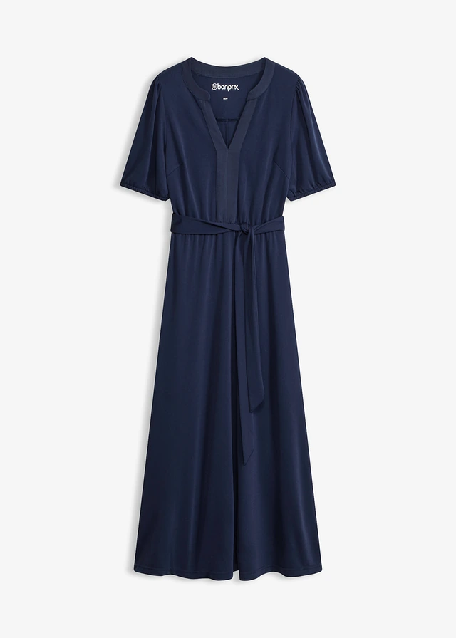 Midi jurk van viscose-piqué met satijnen strook • donkerblauw • bonprix online shop