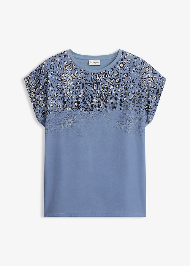 Shirt met geweven inzetstuk en glinsterende steentjes, Kleur: rookblauw luipaardprint