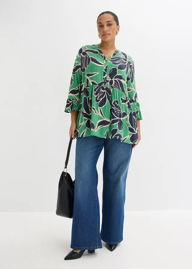 Tuniekblouse van soepele viscose, Kleur: opaalgroen gebloemd