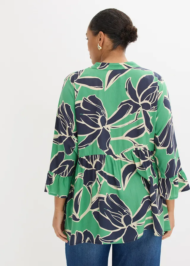 Tuniekblouse van soepele viscose, Kleur: opaalgroen gebloemd