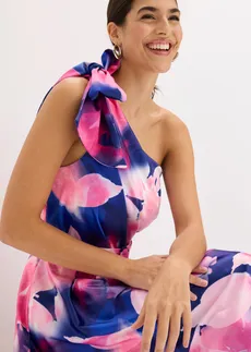 Robe asymétrique en satin brillant • bleu/magenta à fleurs • Boutique bonprix