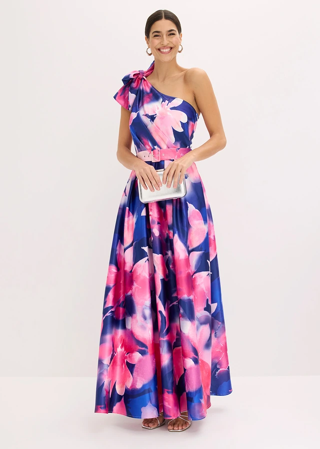 One shoulder jurk van glanzend satijn, Kleur: blauw-pink gebloemd
