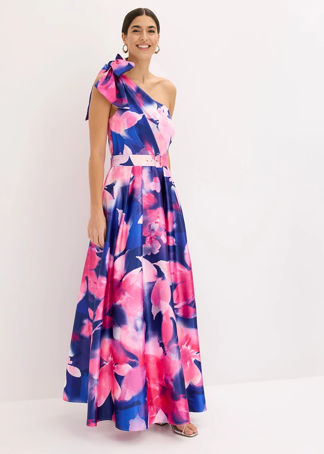 Robe asymétrique en satin brillant, Couleur: bleu/rose vif floral