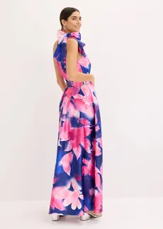 Robe asymétrique en satin brillant, Couleur: bleu/magenta à fleurs