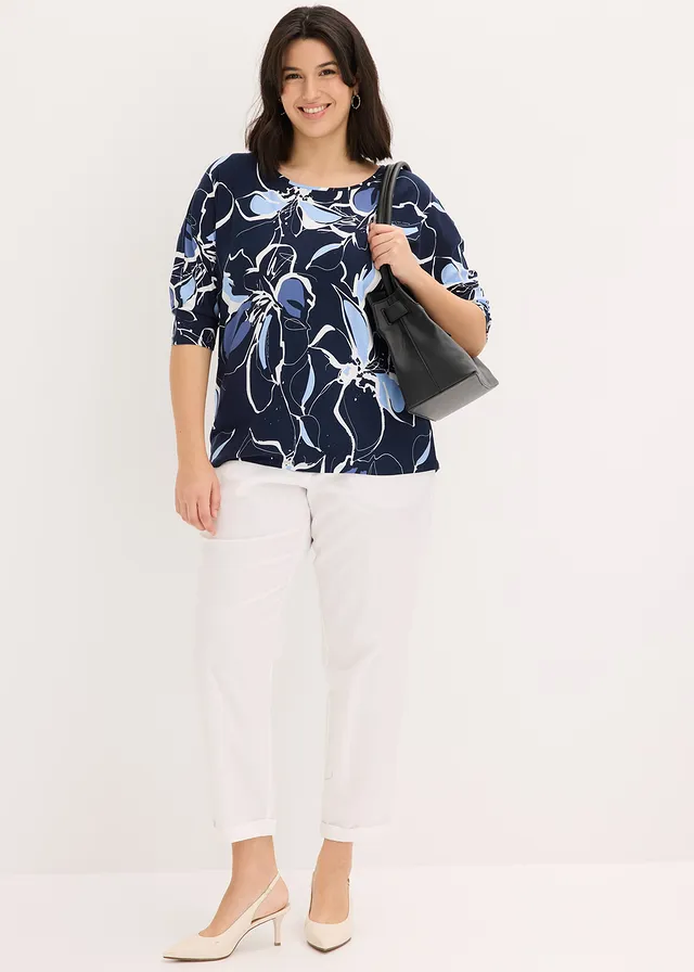 T-shirt à imprimé floral, Couleur: bleu foncé-écru floral