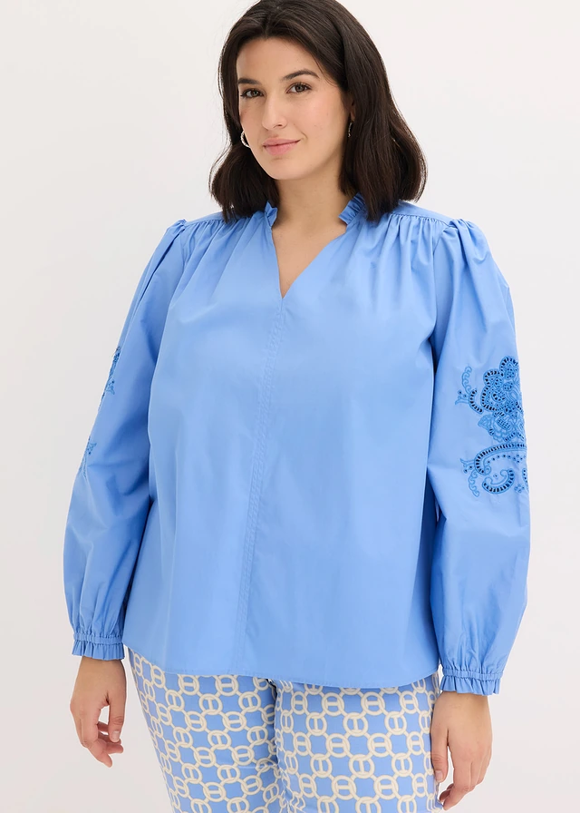 Tunique en coton à broderie ajourée, Couleur: bleu moyen