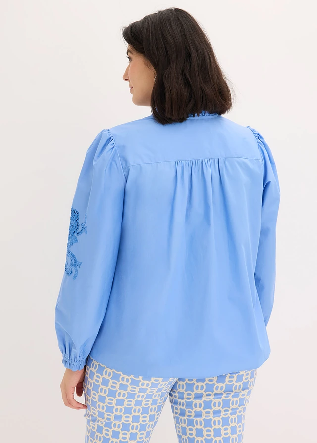 Tunique en coton à broderie ajourée, Couleur: bleu moyen