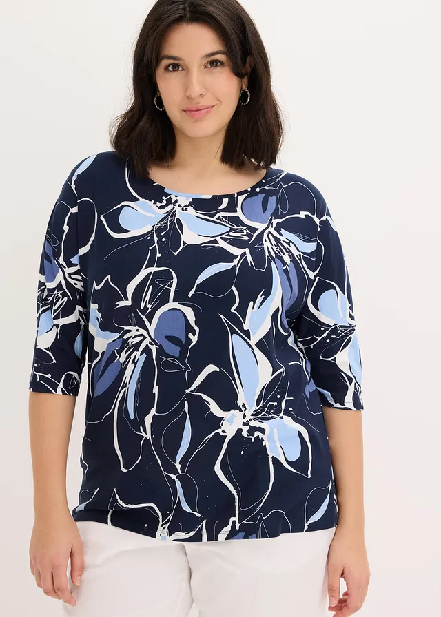 T-shirt à imprimé floral, Couleur: bleu foncé-écru floral