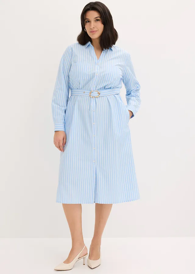 Robe-chemise 100% coton, Couleur: bleu clair/blanc rayé