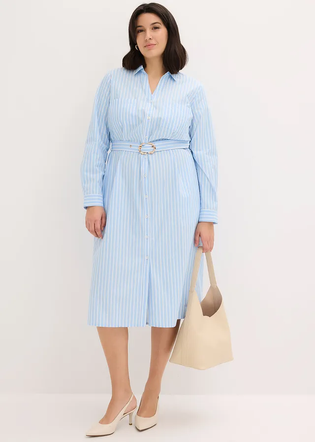 Robe-chemise 100% coton, Couleur: bleu clair/blanc rayé