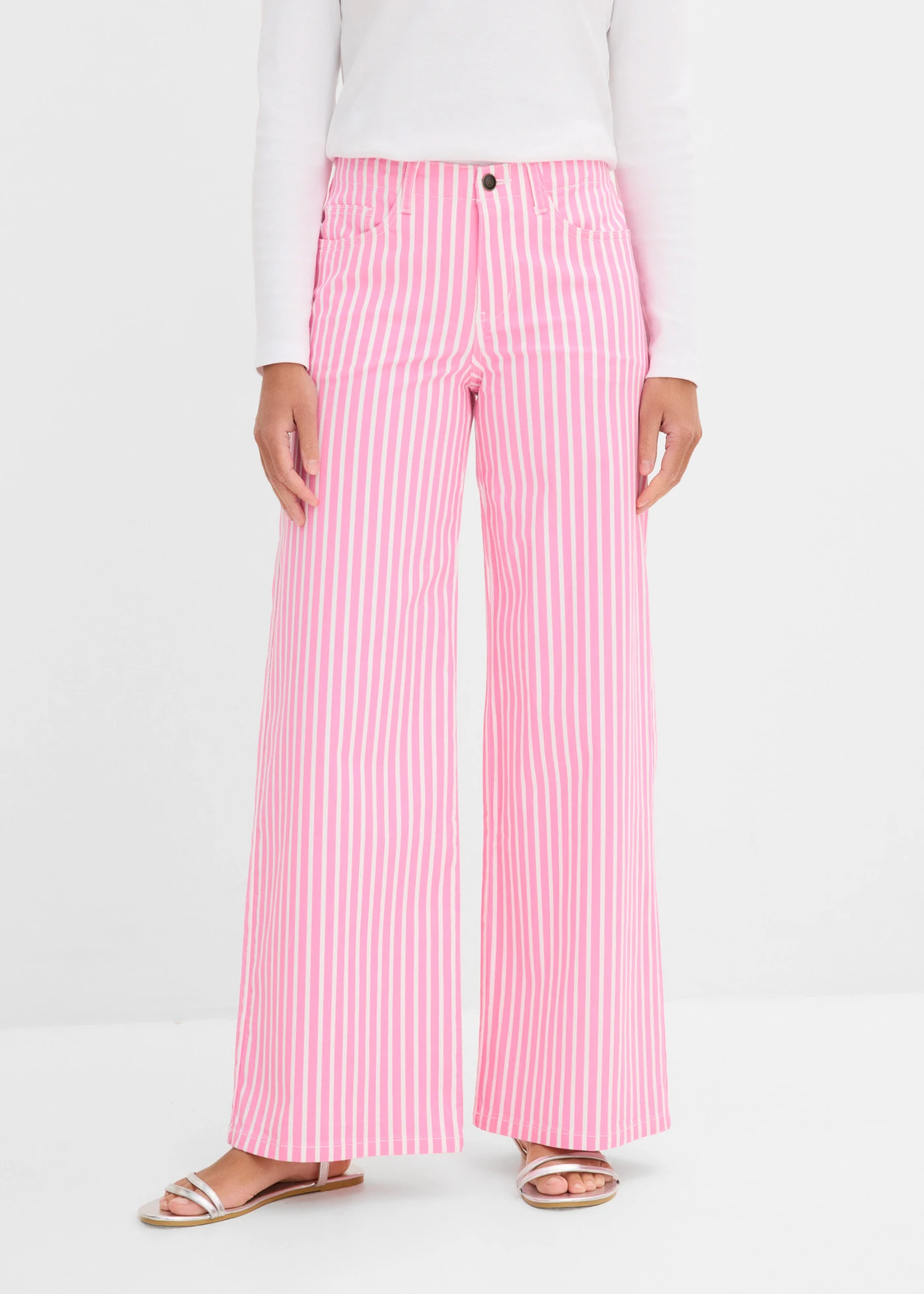 Twill broek in een elastische katoenmix • roze-wit verticaal gestreept • bonprix online shop