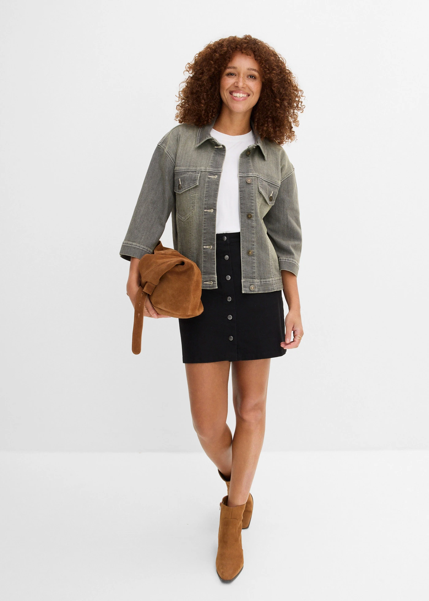Veste en jean, manches 3/4 • olive used • Boutique bonprix