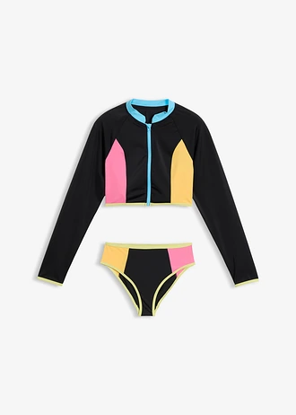 Hosszú ujjú bikini (2-részes szett), szín: fekete-flamingópink-sárga