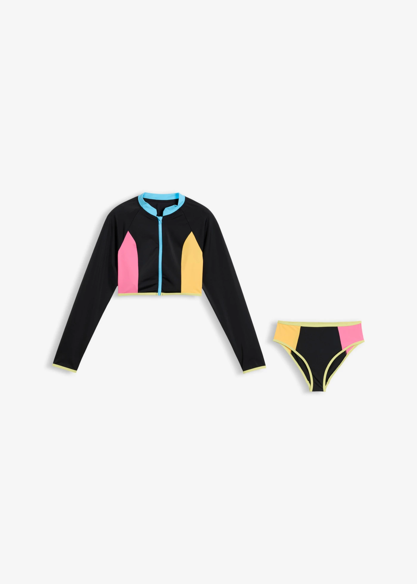 Hosszú ujjú bikini (2-részes szett) • fekete-flamingópink-sárga • bonprix áruház