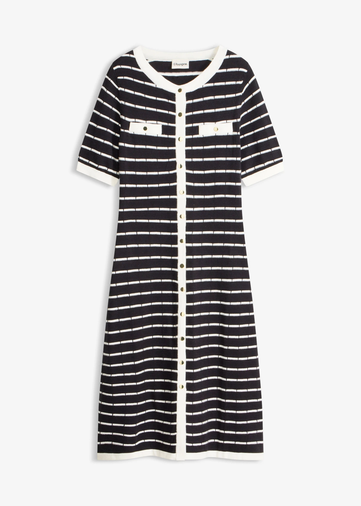 Gebreide viscose jurk met knopen • zwart-wolwit gestreept • bonprix online shop