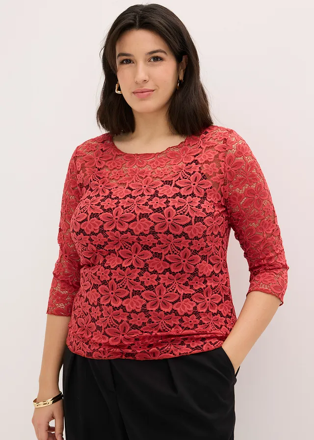 Getailleerd kanten shirt, Kleur: kersenrood