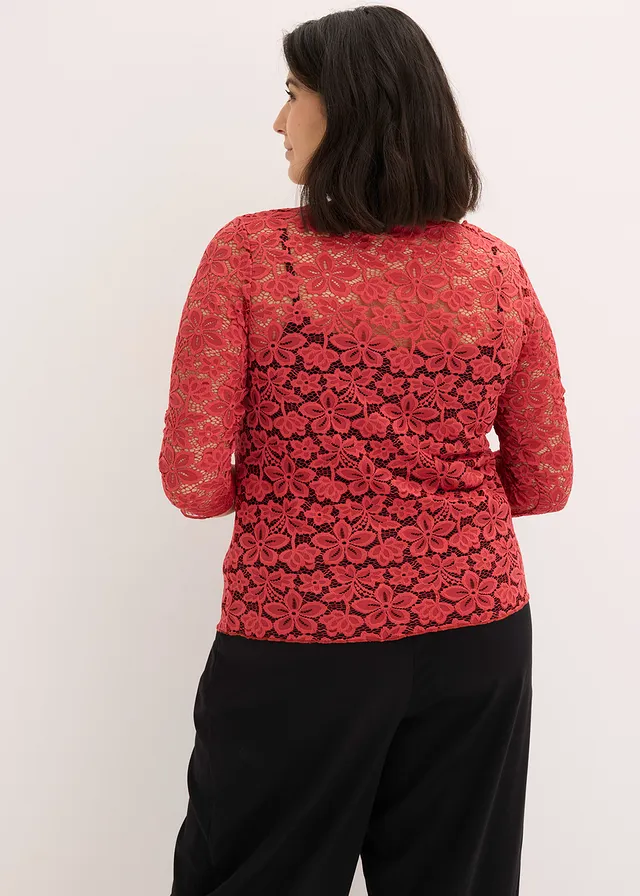 Getailleerd kanten shirt, Kleur: kersenrood