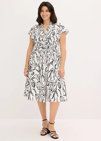 Jurk met drapering, Kleur: wolwit-zwart gebloemd