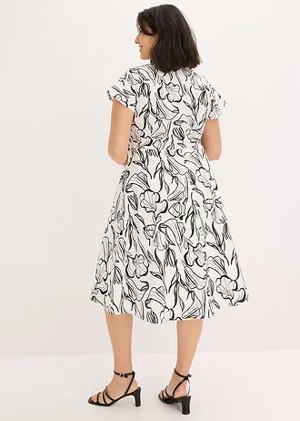 Jurk met drapering, Kleur: wolwit-zwart gebloemd