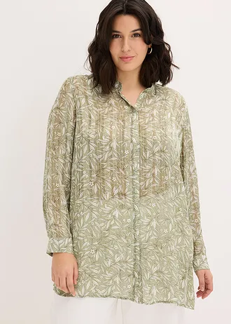 Bluză lungă din șifon, culoare: verde pal floral