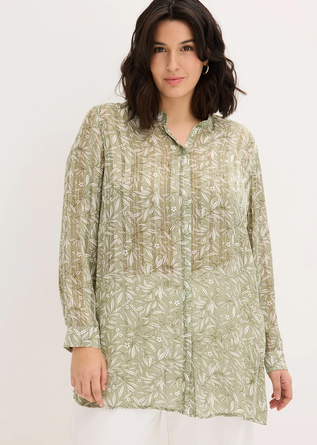 Bluză lungă din șifon, culoare: verde pal floral