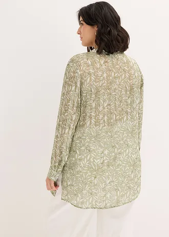 Bluză lungă din șifon, culoare: verde pal floral