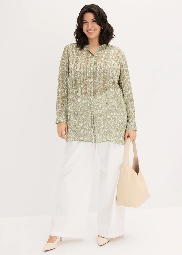 Bluză lungă din șifon, culoare: verde pal floral