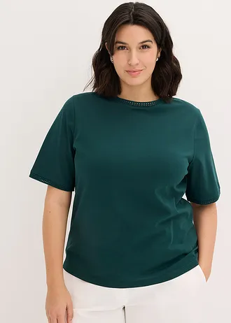 T-shirt à liserés en dentelle, Couleur: vert profond