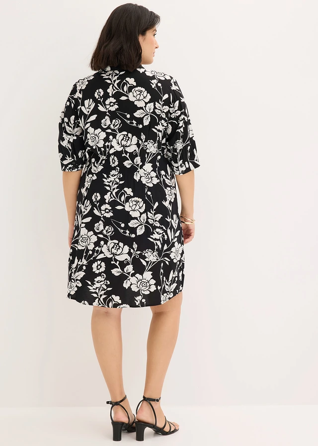 Robe-chemise en viscose fluide, Couleur: noir/écru floral