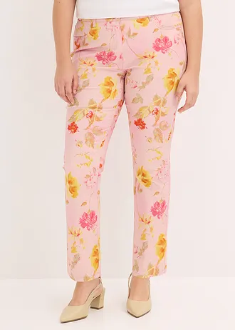 Pantaloni cu stretch cu imprimeu cu flori, culoare: roz cu flori