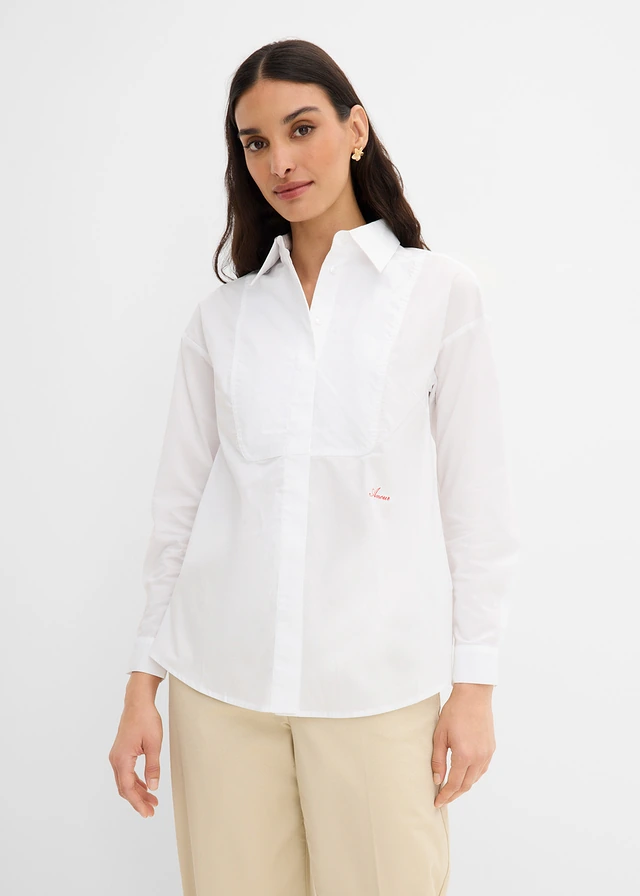 Overhemdblouse met stitchings, Kleur: wit-salsarood met print